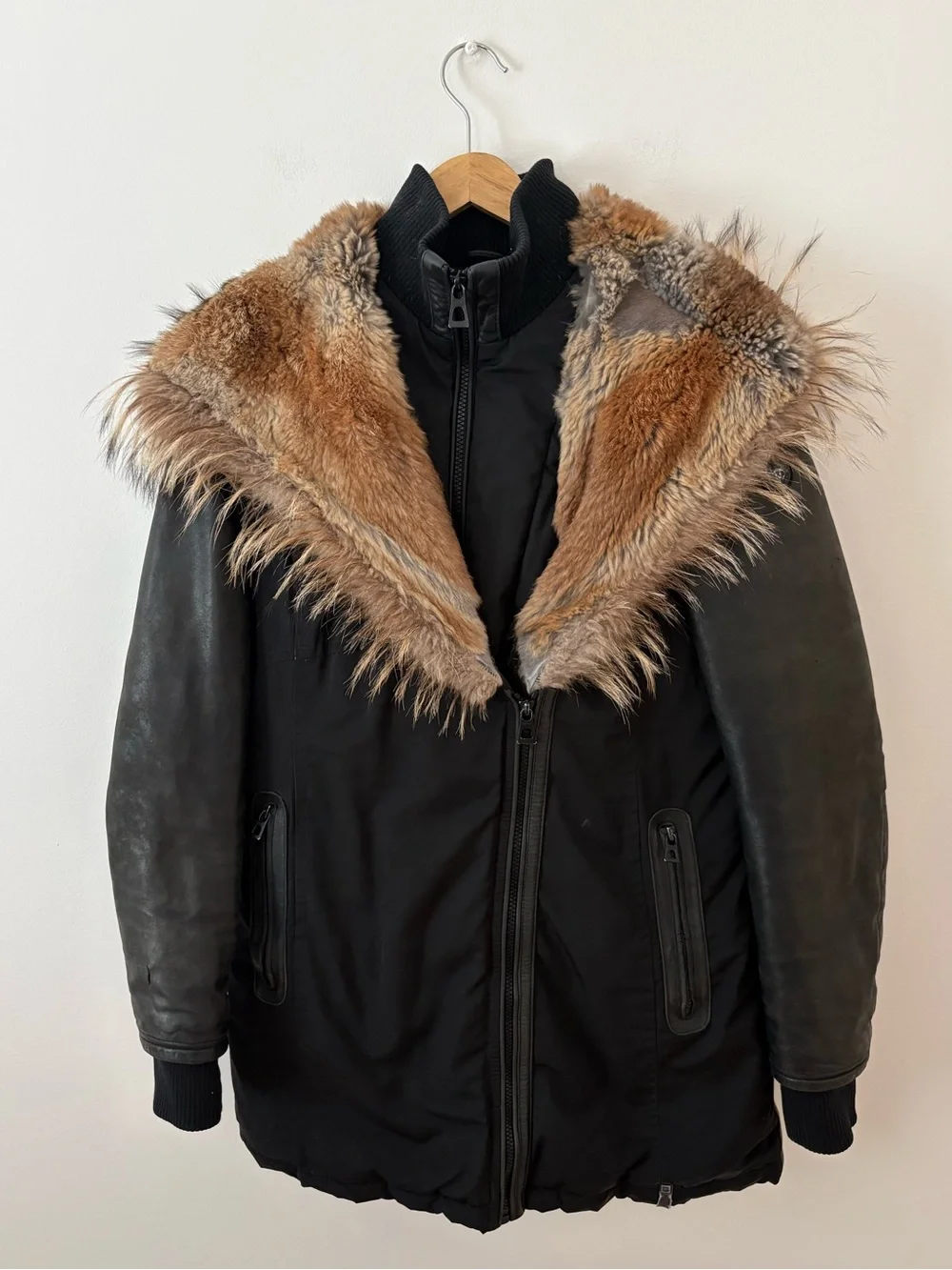 RUDSAK Black Down Fur Trimmed Midi Parka Leather Sleeves Size Medium Luxury Chic - Picture 2 of 16